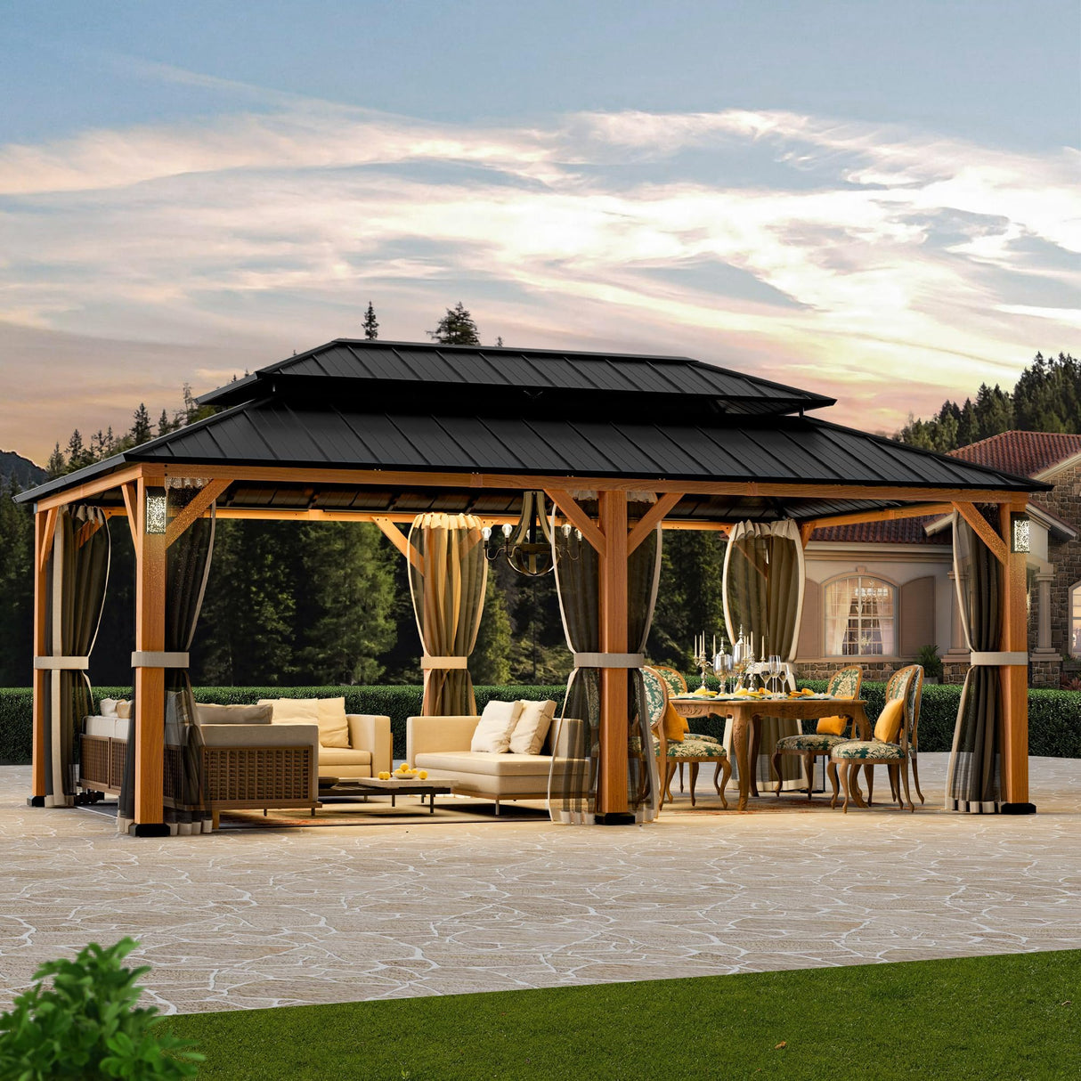 Modern Shade The Horizon Permanent Hardtop Gazebo 12' x 20' w/ 4 LED Lights, Outdoor Gazebo w/Galvanized Steel Double Roof, Patio Pavilion w/Decor Hooks, Mosquito Nettings, Wood-Looking Modern Shade Outdoor Living Spaces