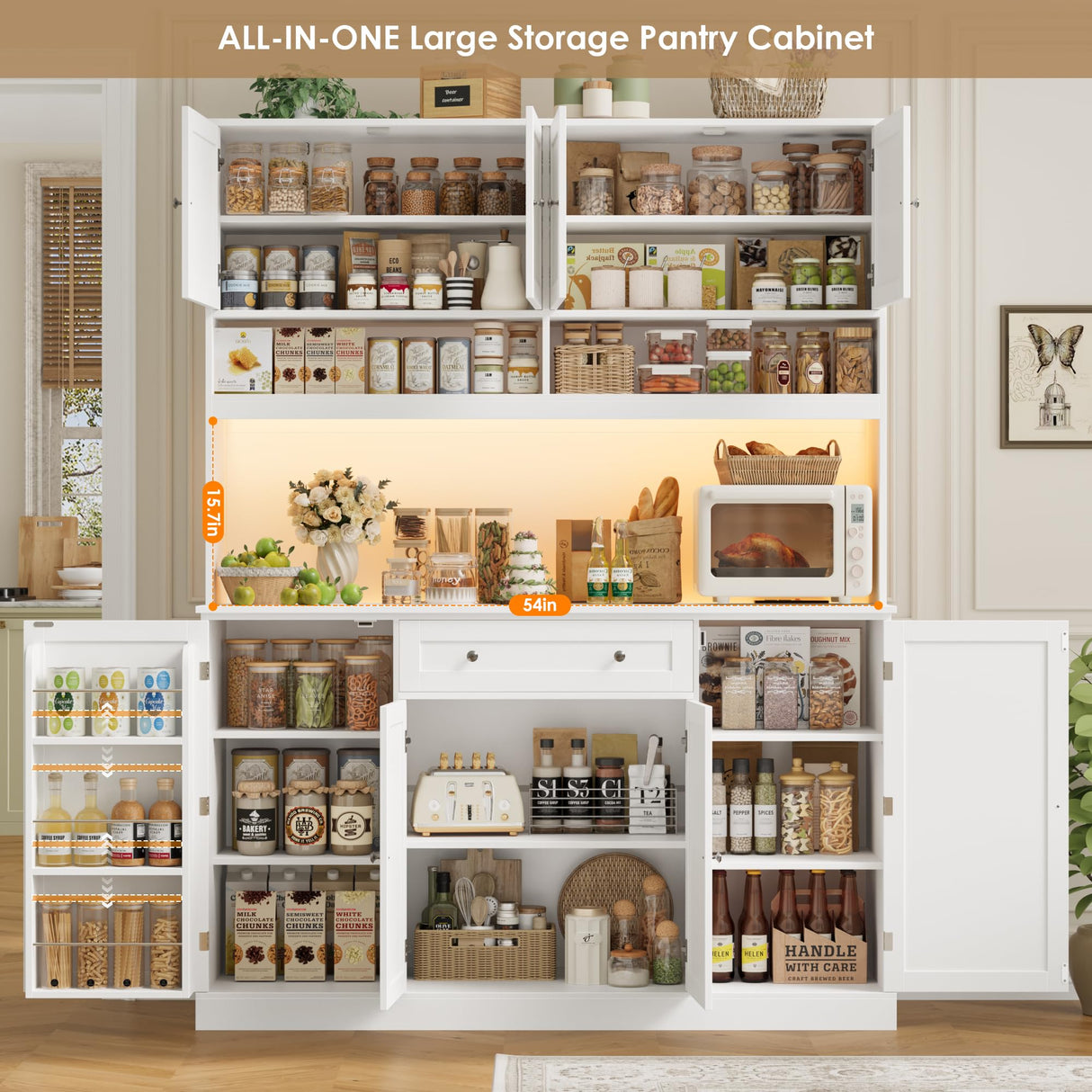 HIFIT 72.8” Tall Kitchen Pantry Cabinet with LED & Charging Station, 55” Wide Farmhouse Pantry Storage Cabinet with Microwave Stand&Shelves&Barn Doors, Kitchen Hutch Coffee Bar for Living Room, White HIFIT