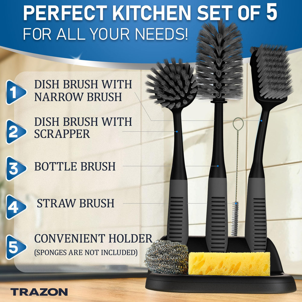 Dish Brush Set of 5 with Convenient Holder, Bottle Water Brush, Dish Scrub Brush, Scrubber Brush and Straw Brush - Kitchen Scrub Brushes Non Slip Long Handle for Sink Dishes Cup Pot Trazon