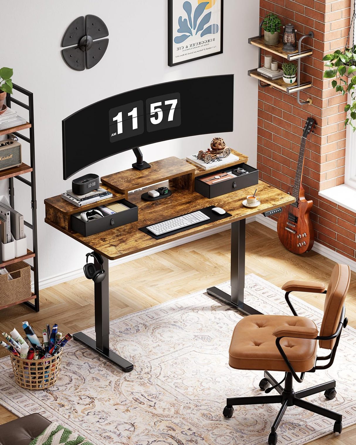 Marsail Electric Standing Desk with Drawers, 55″ x 28″ Height Adjustable Sit Stand Up Desk with Storage Shelf, Ergonomic Home Office & Computer Table with 4 Memory Heights, Rustic Brown Marsail