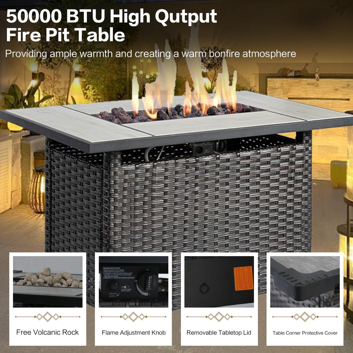 XTWEEX 7 Pieces Outdoor Patio Furniture Conversation Set Rattan Wicker with Fire Pit Table, 3 Seat Sofa, 2 Swivel Rocker Chairs, 2 Ottomans and 1 Side Table for Yard Backyard BNB (Brown/Navy Blue) XTWEEX