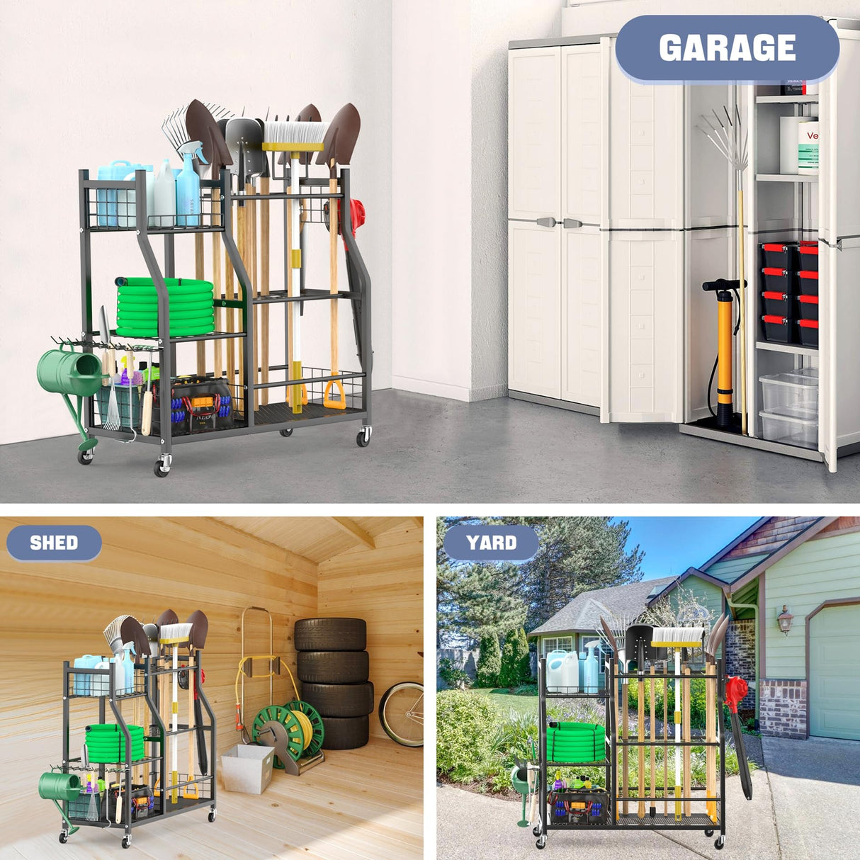 WALMANN Garden Tool Organizer with Wheels for Garage, Large Storage Capacity, Rakes/Shovels/Yard Tools Storage Stand for Shed, Garden, Indoor/Outdoor Long-Handled Tools Rolling Cart WALMANN