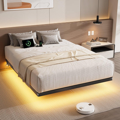 ONBRILL Full Size Floating Bed Frame with Smart LED Lights & USB Charging Station - Heavy Duty Metal Design, Easy Assembly, Noise-Free