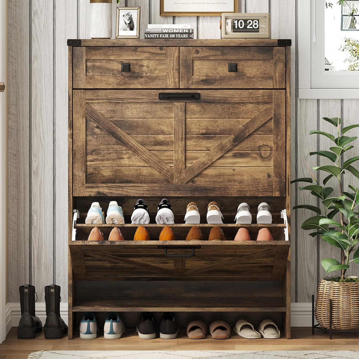 Halitaa Shoe Cabinet with 2 Flip Drawers & 2 Drawers,Farmhouse Shoe Storage Cabinet for Entryway,Slim Freestanding Narrow Organizer Rack for Front Door Entrance,Rustic Brown Halitaa