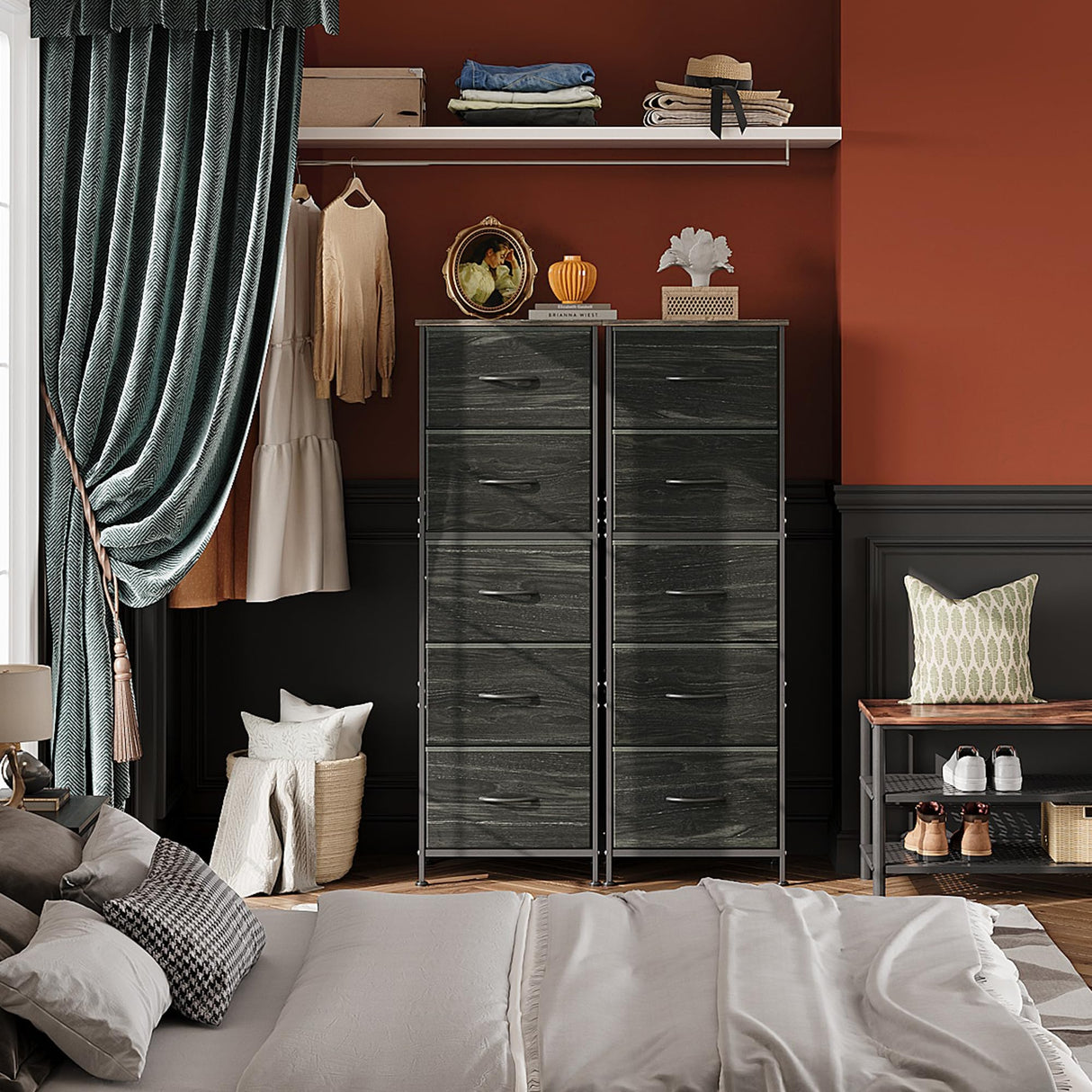 WLIVE Fabric Dresser, 5-Drawer Tall Dressers for Bedroom, Storage Dresser Organizer with Wood Top, Sturdy Steel Frame, Chest of Drawers for Closet, Hallway, Charcoal Black Wood Grain Print WLIVE