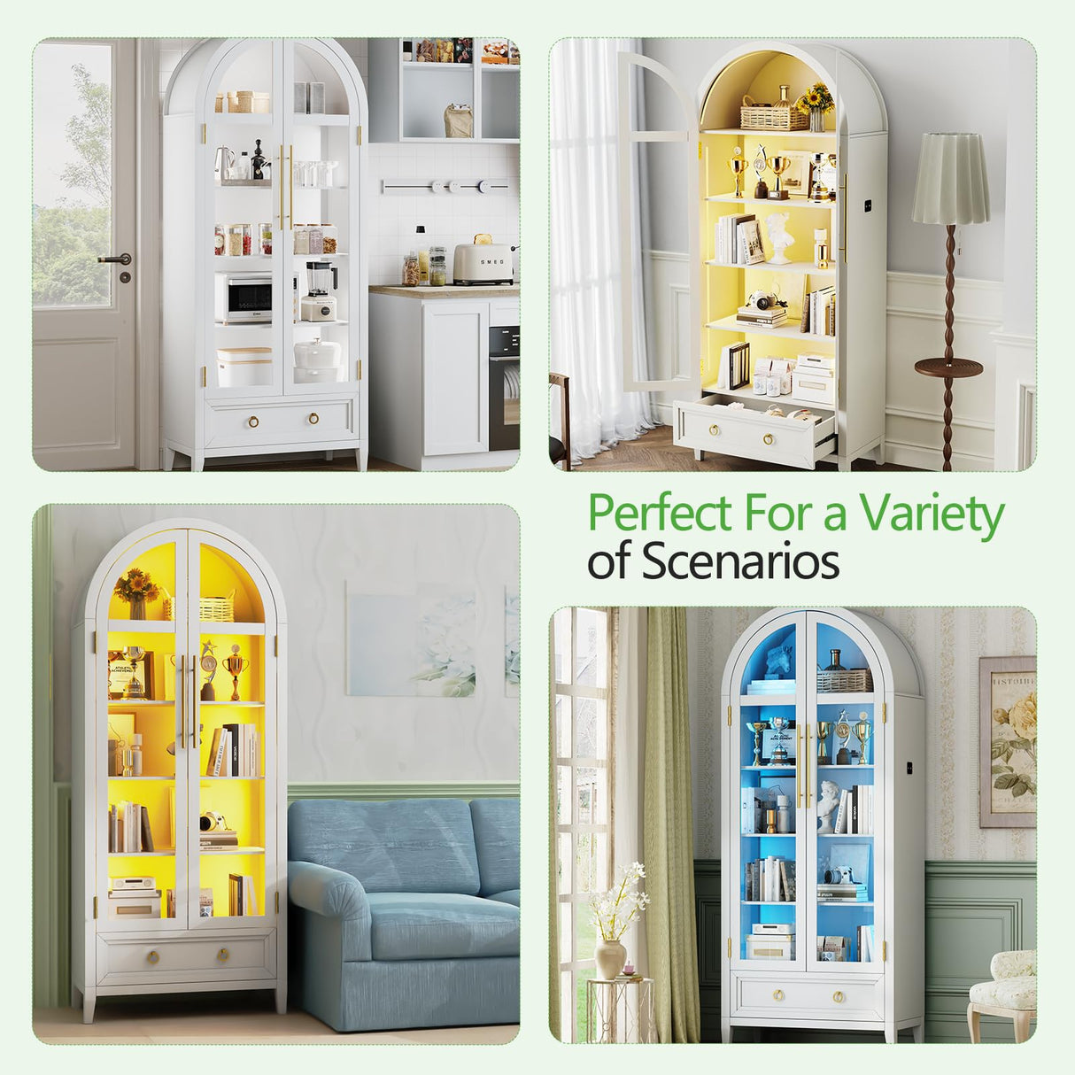 HNEBC Book Shelf with LED Lights, Arched Display Case with Storage Cabinet, Smart Pantry Cabinet with Glass Door, Bookcase, Toy Organizer with Solid Wood Legs for Livng Room/Bedroom Furnniture-White HNEBC