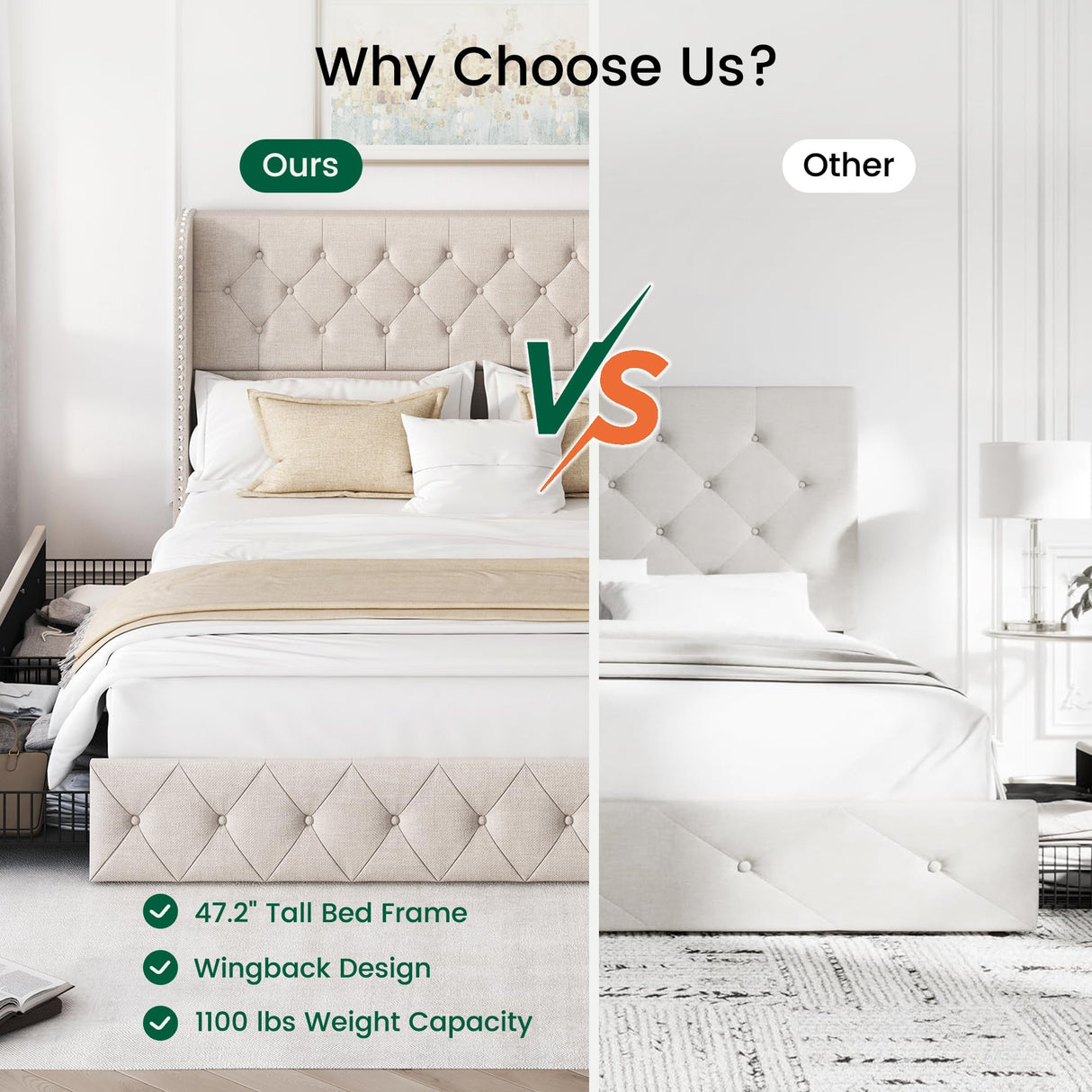 LARMACE King Size Bed Frame with 4 Storage Drawers and Tufted Headboard Linen Upholstered Platform Bed Frame Wingback Beds with Wooden Slats Support, Easy Assembly, Beige LARMACE