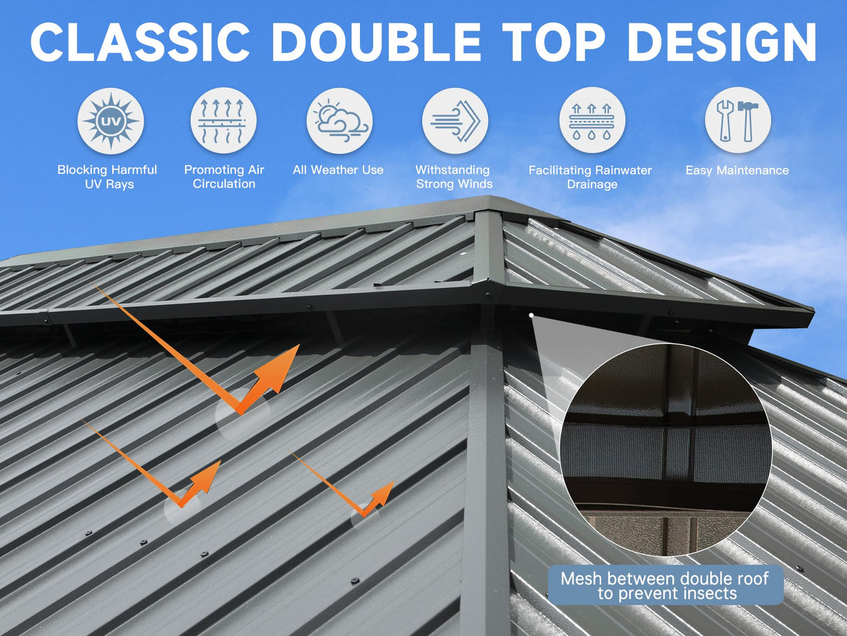 Domi 14' X 20' Hardtop Gazebo Outdoor Metal Gazebo Canopy with Galvanized Steel Double Roof, Aluminum Frame, Curtains and Netting for Patio, Deck, Garden, Grey domi outdoor living