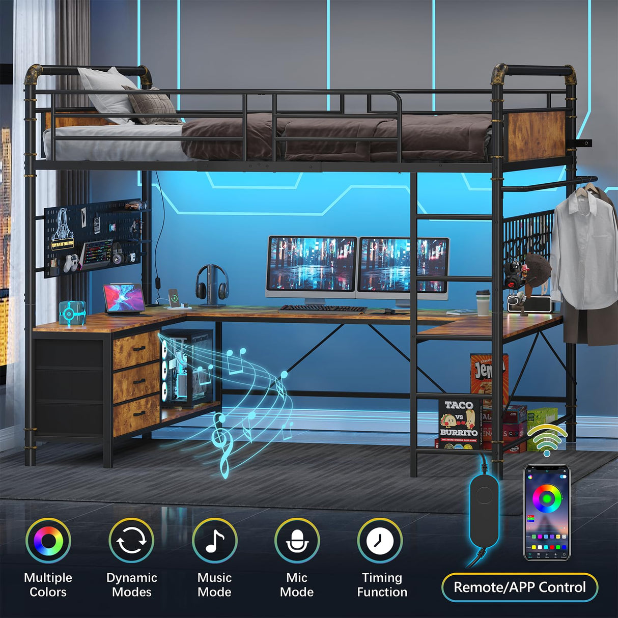 Full Size Loft Bed with U-Shaped Desk, Industrial Heavy Duty Full Loft Bed Frame with Pegboard & Mesh Shelf, RGB Lights, Bunk Loft Beds with Power Outlet, 3 Storage Drawers, Safety Guard & Ladder CSZZD