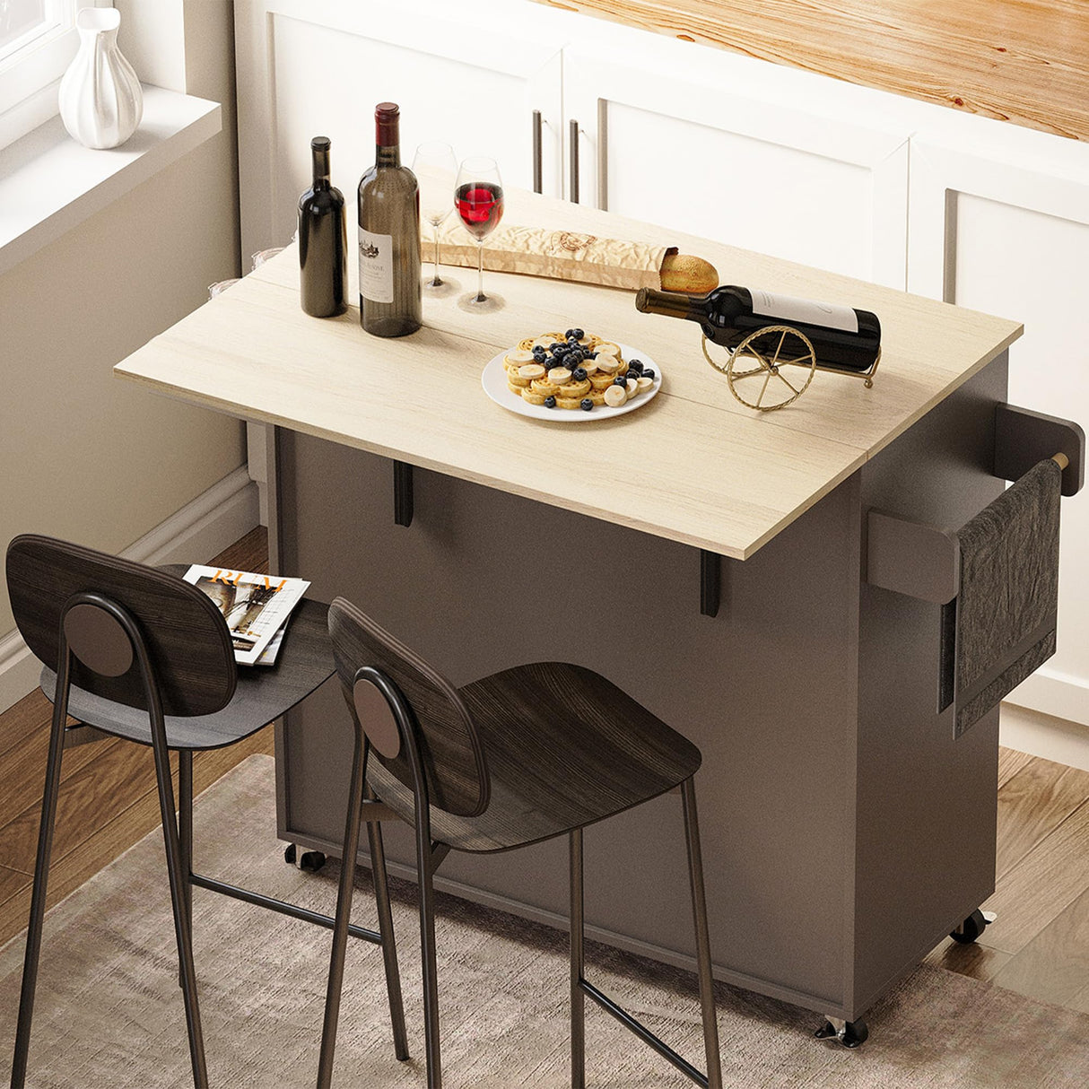 IRONCK Rolling Kitchen Island Table on Wheels with Solid Wood Top, Drop Leaf, Drawer and Storage Cabinet, 47" W Kitchen Cart with Spice & Towel Rack, Dark Gray IRONCK