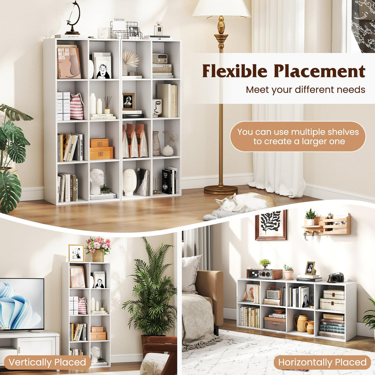 Tangkula 8-Cube Bookcase, Large Floor Standing Horizontal Bookshelf with 8 Open Shelves & 2 Anti-Tipping Kits, Home Office Wooden Storage Book Shelf for Living Room, Study (White, 8-Cube) Tangkula