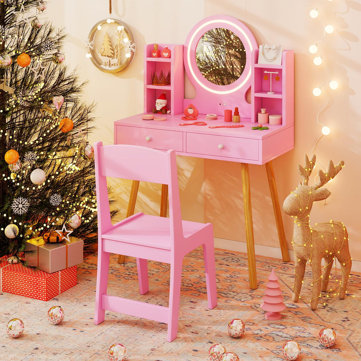 Costzon Kids Vanity, Girls Vanity Set with Mirror and Stool and Lights, Drawers, Storage Shelves, Wooden Toddler Makeup Vanity Desk Dressing Table, Pretend Play Kids Vanity Table and Chair Set (Pink) Costzon