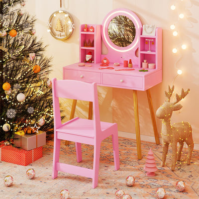 Costzon Kids Vanity, Girls Vanity Set with Mirror and Stool and Lights, Drawers, Storage Shelves, Wooden Toddler Makeup Vanity Desk Dressing Table, Pretend Play Kids Vanity Table and Chair Set (Pink)