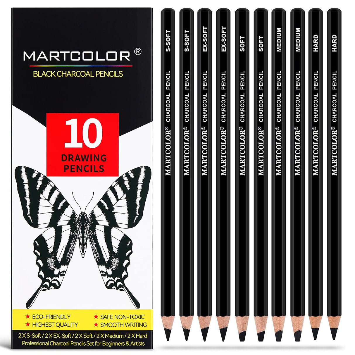 MARTCOLOR Charcoal Pencils for Drawing, 10 Pieces (S-Soft, Ex-Soft, Soft, Medium, & Hard) Black Charcoal Pencils for Sketching, Shading, Blending MARTCOLOR