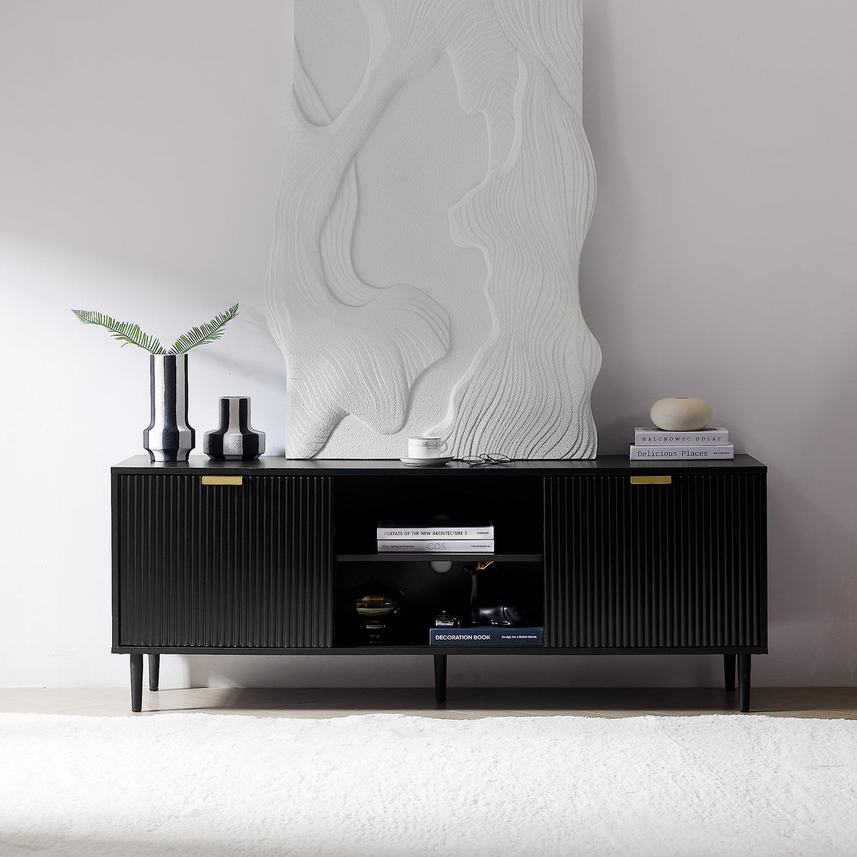 Okvnbjk Black TV Stand, Modern TV Consoles for Living Room 65+ Inch TV, Fluted Panel Media Console with Sliding Doors & Ajustable Shelves, Entertainment Stand with Storage Cabinets Okvnbjk