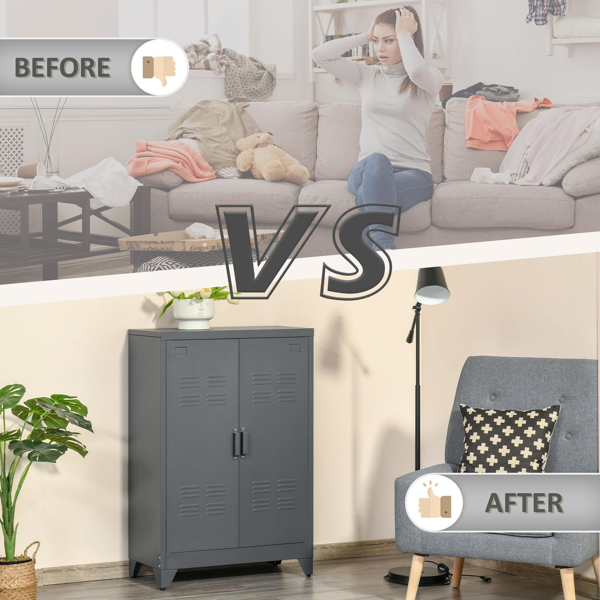 HOMCOM Industrial Storage Cabinet, Steel Garage Cabinet with Double Doors and Adjustable Shelves, Grey HOMCOM