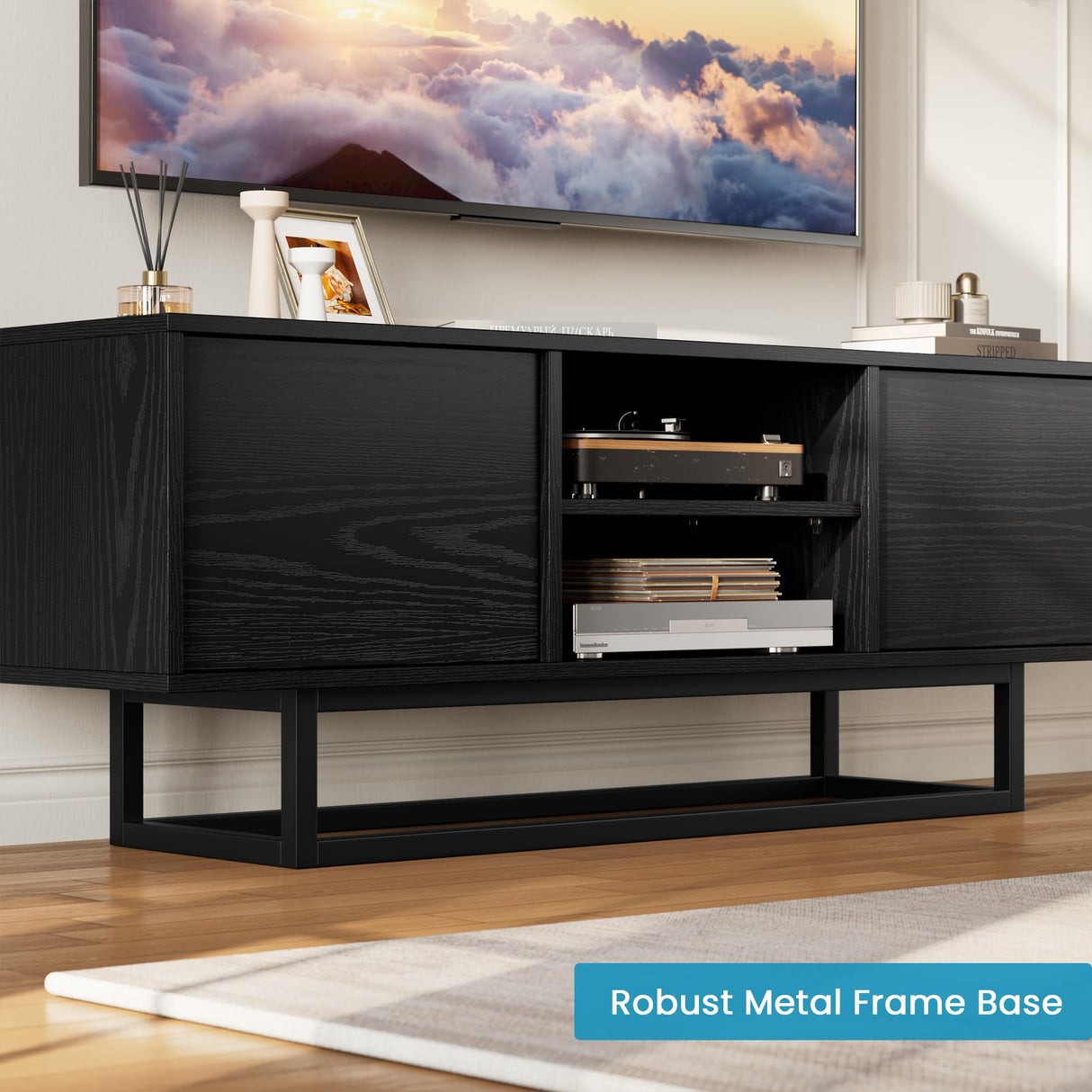 HAIOOU TV Stand for 50 55 Inch TV, Modern TV Console Small Entertainment Center with Sturdy Metal Base, Push-to-Open Doors and Soft-Close Hinges for Living Room, Bedroom - Wood Grain Black HAIOOU