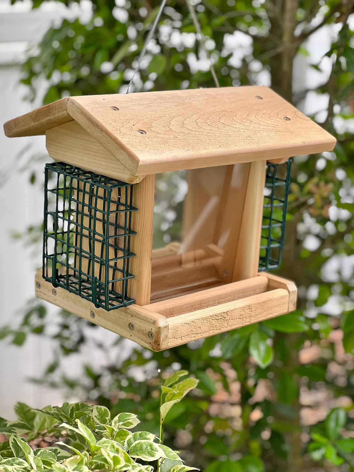 DutchCrafters Large Cedar Wood Hopper Bird Feeder with Suet Cages, Wooden Outdoor Feeder for Birds, Hanging Mount - Amish Made in USA DutchCrafters
