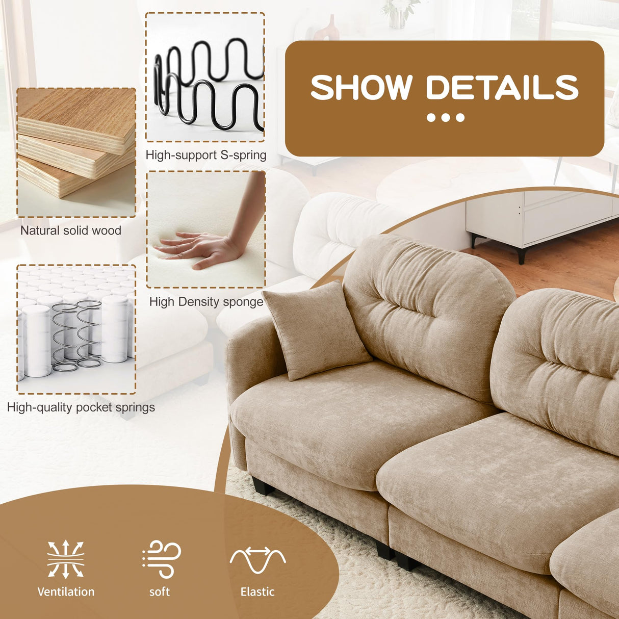 MZDOO 74" Loveseat for Living Room, Comfy Chenille Fabric Cloud Sectional Couch, Modern Upholstered Deep Seat Sofa with Armrest Pillow, Two Seater Couch for Small Spaces, Camel MZDOO