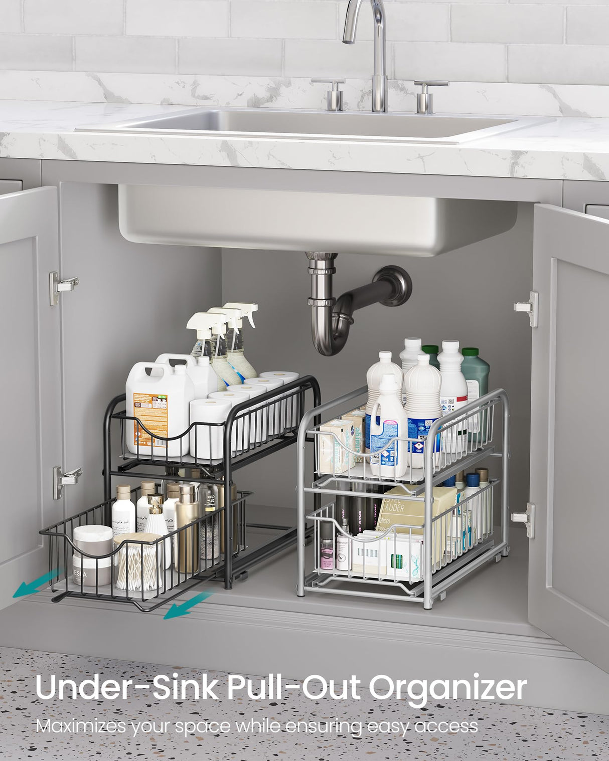 SONGMICS 2-Tier Pull Out Cabinet Organizers, Under Sink Organizer, Bathroom Organizer and Storage, Sliding Basket Drawers, Stackable for Kitchen, Bathroom, Metallic Silver UKCS017E01 SONGMICS