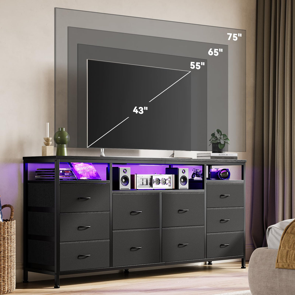 63.3 Inch Black Dresser for Bedroom, 10 Drawer Dresser TV Stand for 65 70 75 Inch TV, Fabric Chest of Drawers with LED Lights & Power Outlets, Long Entertainment Center for Closet, Living Room, Entryw GarveeHome