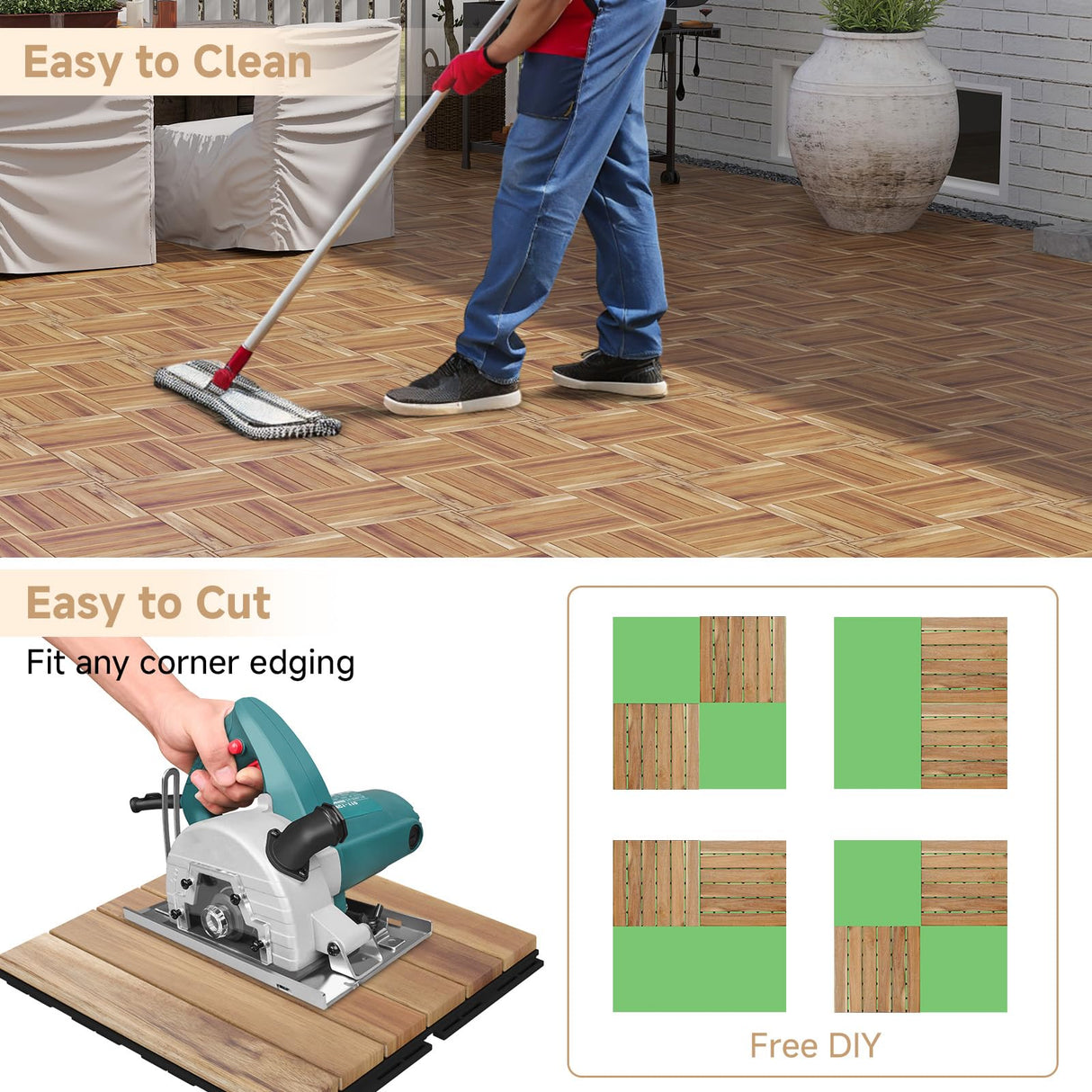 Rovibek 10PCS Deck Tiles, 12" x 12" Interlocking Deck Tiles Outdoor Waterproof, Acacia Wood Outdoor Deck Tiles All Weather for Balcony Poolside Backyard Outdoor Patio Flooring, Striped Yellow Rovibek