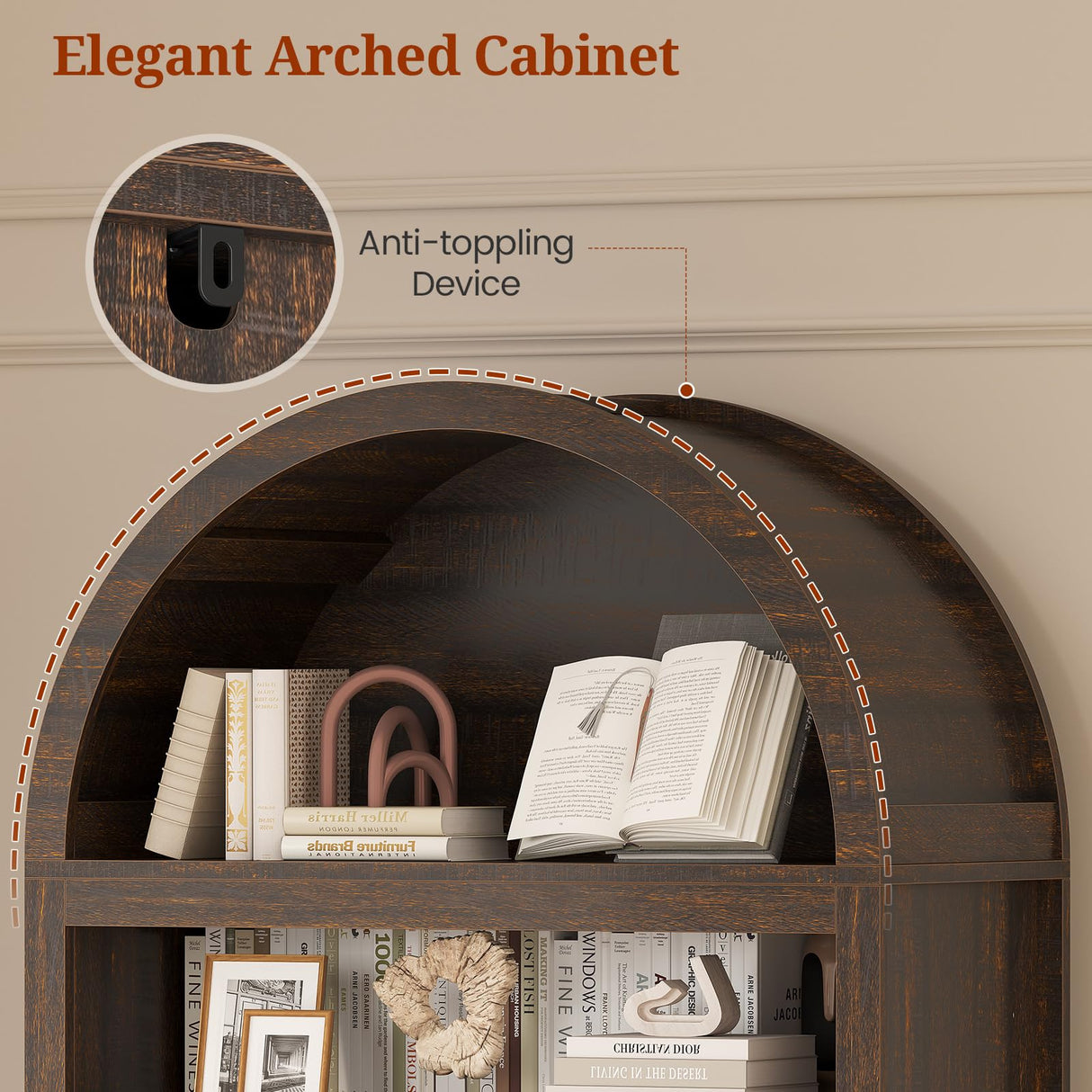 81" Tall Arched Cabinets,Bookcase with storage,Mid-Century Modern 6-Tier Bookshelf with Door,2 Book Risers and Adjustable Shelves offering more storage space for Living Room,Kitchen,Home Office,Walnut UPOSOJA