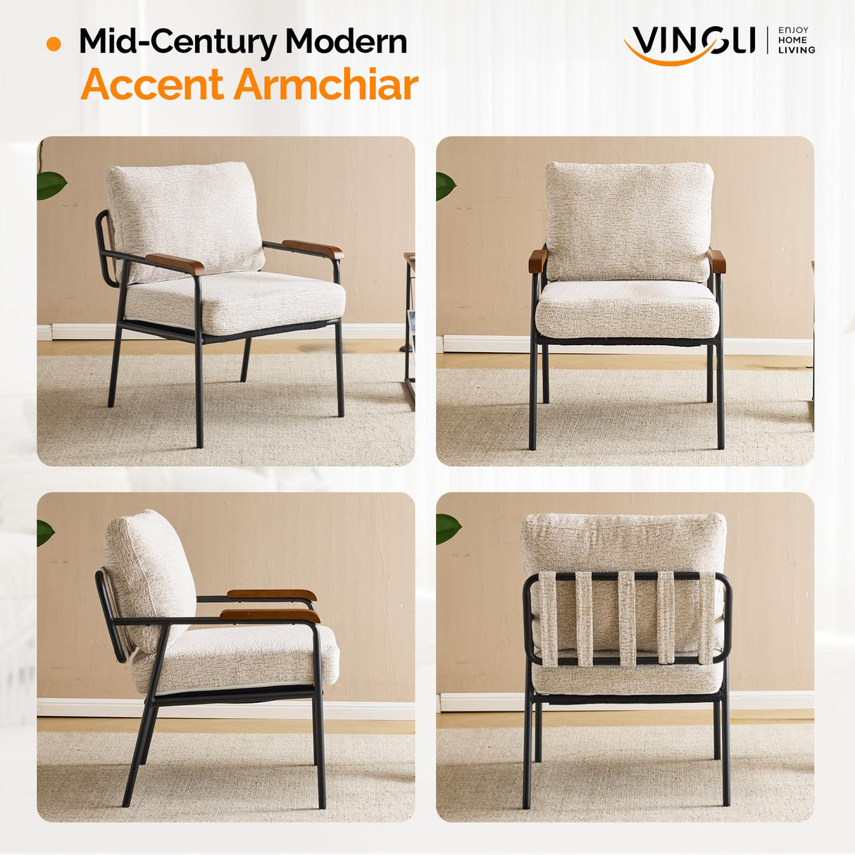 VINGLI Mid-Century Modern Accent Armchiar for Small Space, Small Comfy Upholstered Leisure Reading Chair with Wood Armrest for Bedroom, Living Room, Waiting Room, Linen Beige VINGLI