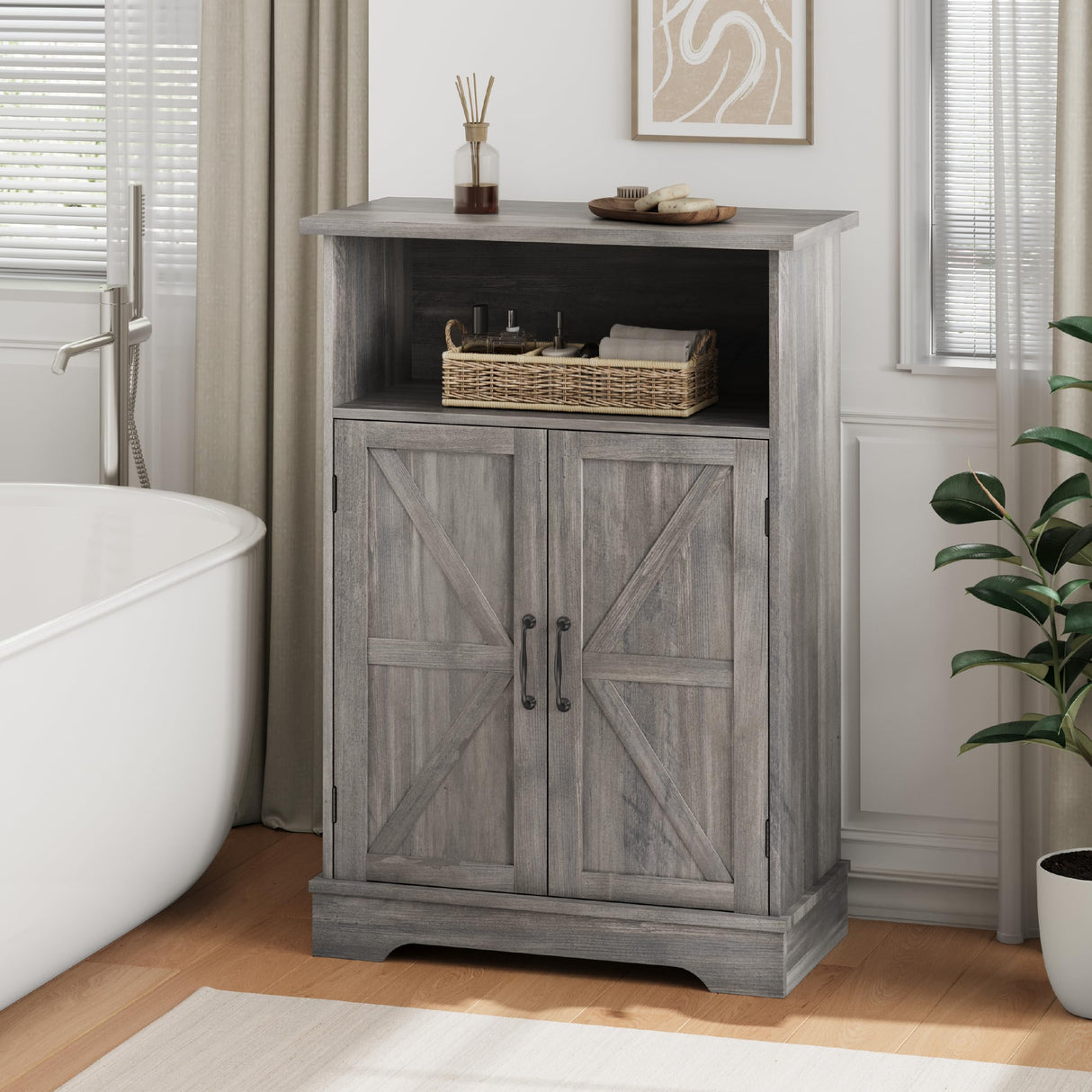 Smuxee Farmhouse Freestanding Cabinet Organizer with Barn Door and Adjustable Shelf, Wash Grey, for Bathroom, Kitchen, Living Room Smuxee