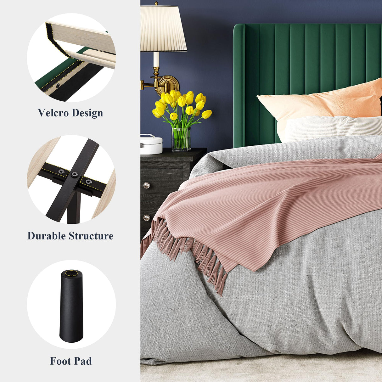 Allewie Queen Size Bed Frame/Velvet Upholstered Platform Bed/Vertical Channel Tufted Wingback Headboard/Strong Wooden Slats/No Box Spring Needed/Easy Assembly/Green Allewie