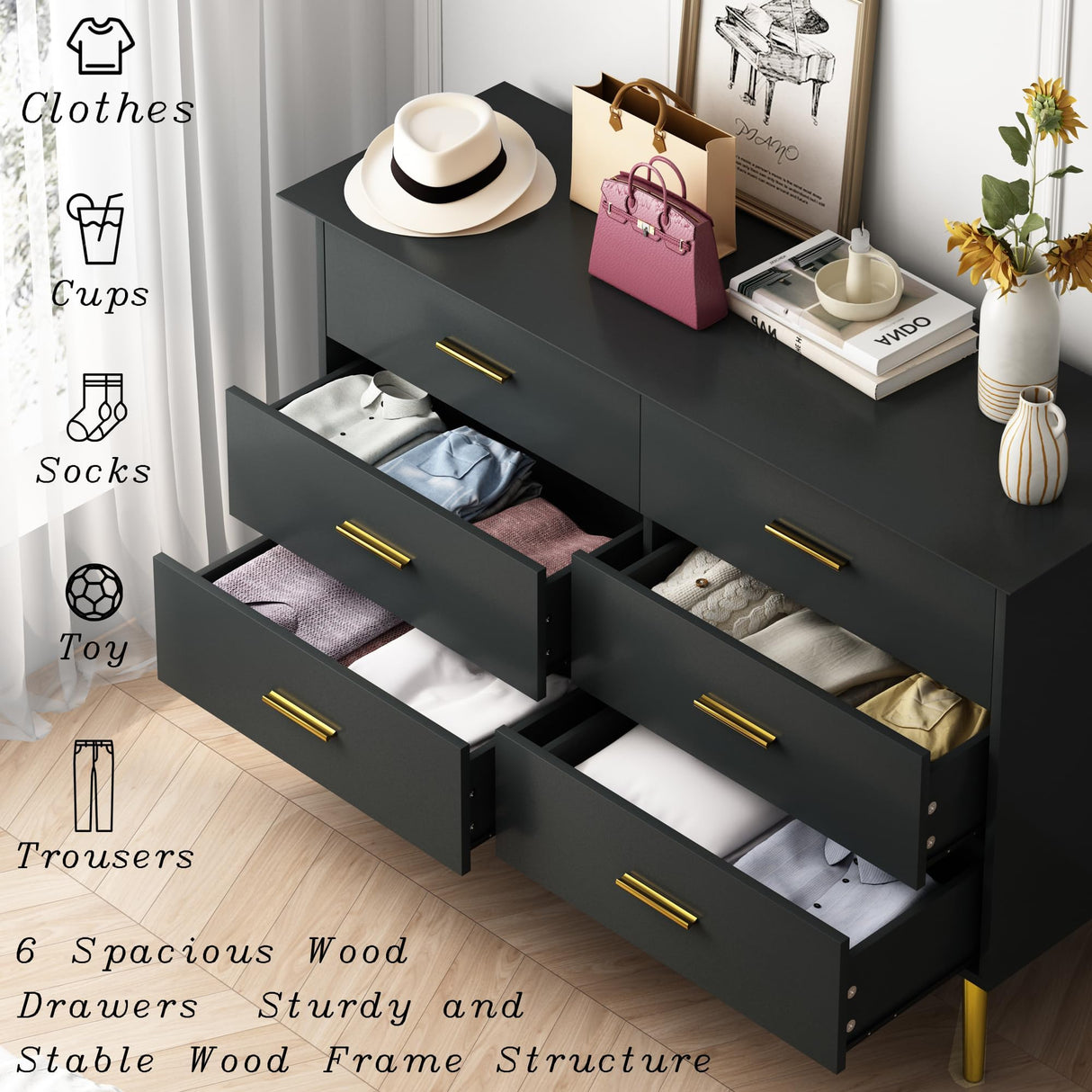 HUANLEGO Black Dresser for Bedroom with LED Lights, Modern 6 Dressers & Chests of Drawers Dresser Wood Dressers Bedroom Furniture 6 Drawers Dresser Storage Organizer for Bedroom Living Room HUANLEGO