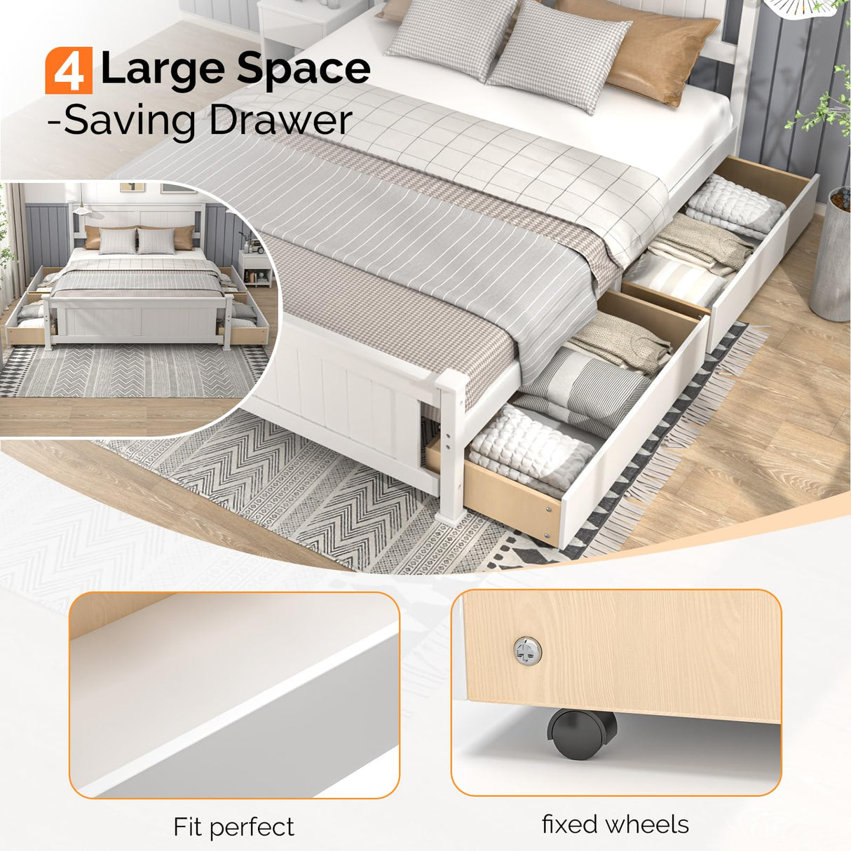 VINGLI Queen White Wood Bed Frame with Storage Drawers and Headboard VINGLI