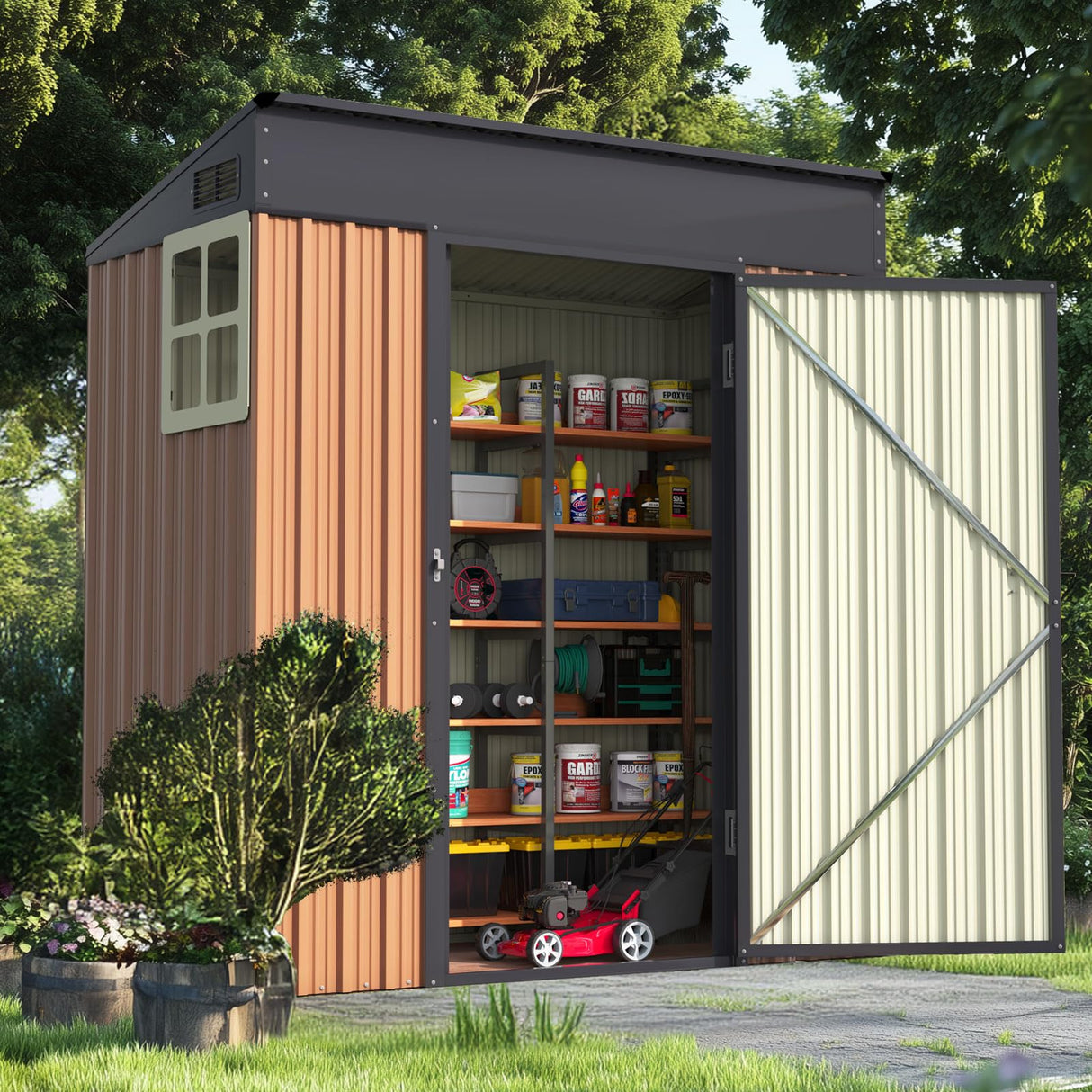 Quictent 5X3 FT Heavy Duty Outdoor Metal Storage Shed,Lockable Garden Shed with Rotating Roof, Waterproof Shed for Bike Storage, Tool Storage, Temporary Storage,Brown(5.5X2.8 FT Base, No Floor) Quictent