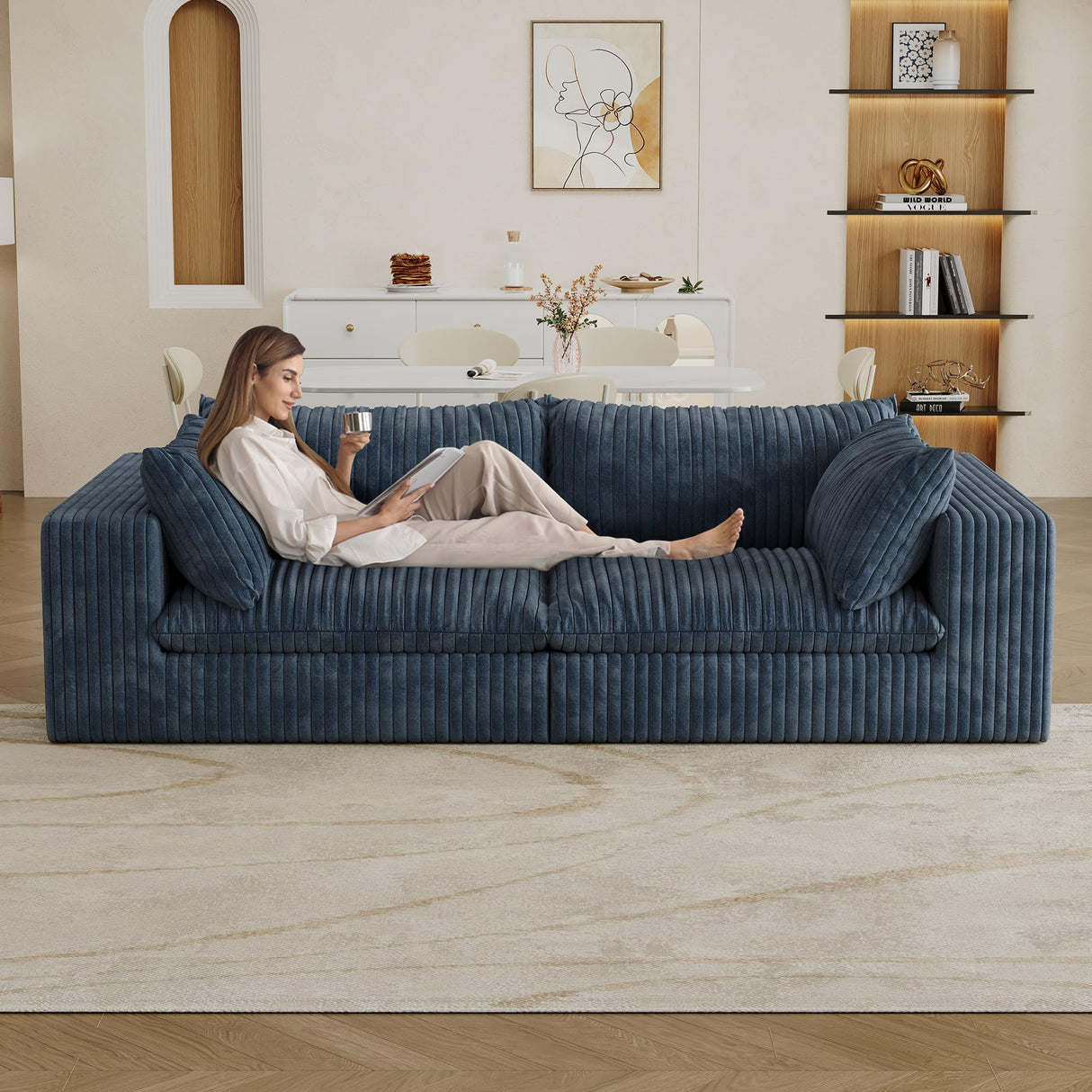 CKEASEAN 78.8" Corduroy Boneless Loveseat Couch with Removable Cushion, Cloud sectional Sofa, No Assembly Required, Compression Sofa in a Box, DlY Combination for Living Room (Blue) CKEASEAN