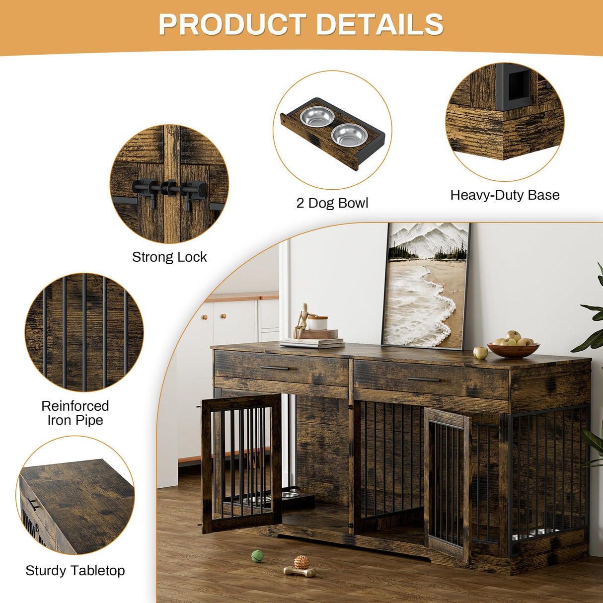 OUYESSIR Dog Crate Furniture, 72.05 Inch Wooden Large Dog Kennel with 2 Drawers & Dog Bowls, Dog House with Double Doorss & Divider, Heavy Duty Indoor Dog Cage for Large Medium Dogs, Rustic Brown OUYESSIR