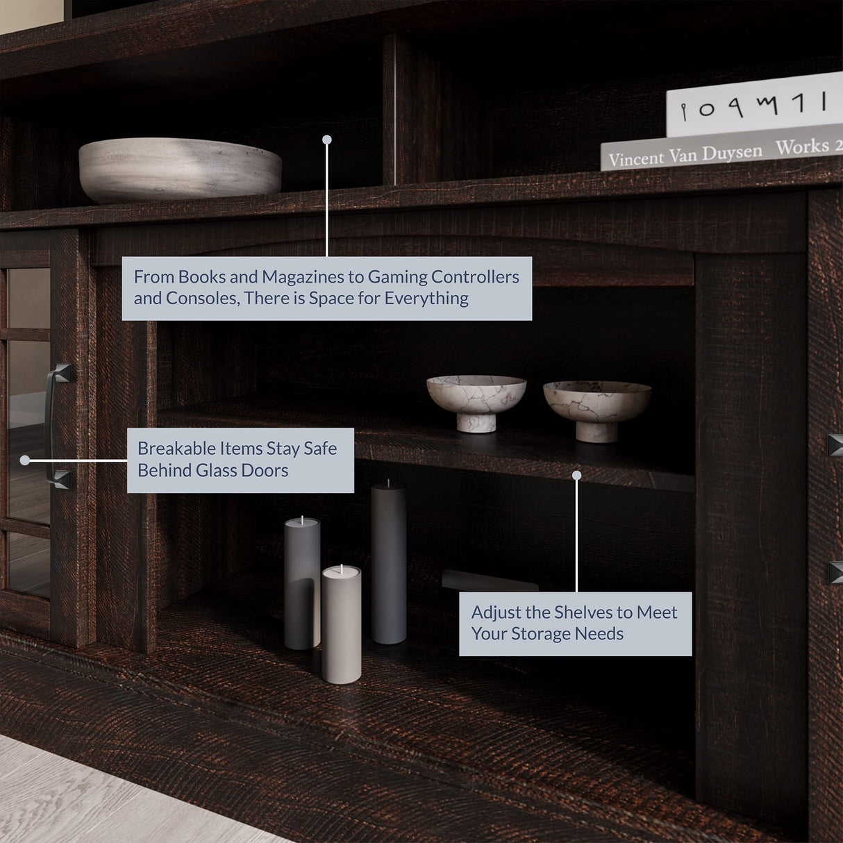 BELLEZE Traditional 58 Inch Rustic Wood TV Stand & Media Entertainment Center Console Table for TVs up to 65 Inches with Open Storage Shelves & Cabinets - Astorga (Espresso) BELLEZE