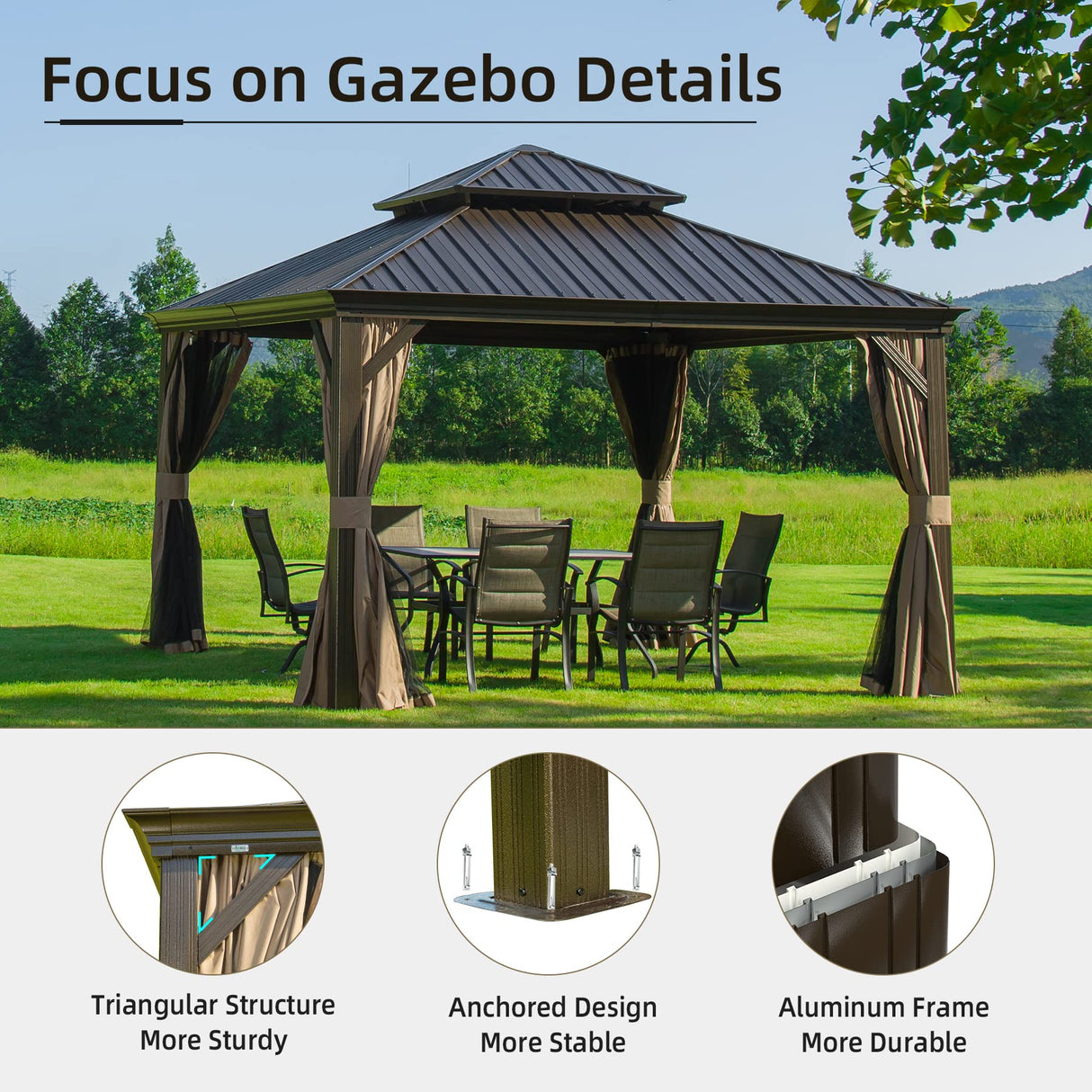 Domi 12x12FT Hardtop Gazebo with Netting & Curtains, Outdoor Aluminum Frame Gazebo with Galvanized Steel Double Roof, Outdoor Permanent Metal Pavilion for Patio Deck Lawn and Garden, Brown domi outdoor living