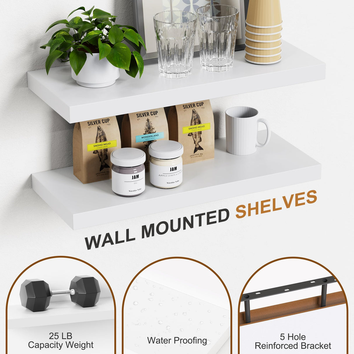 Bellsal Floating Shelves for Wall, White Engineered Wood Wall Shelf Set of 4, 16" Wall Mounted Floating Shelf for Kitchen, Living Room, Bedroom, Bathroom Storage, Book Shelf for Walls Home Decor Bellsal