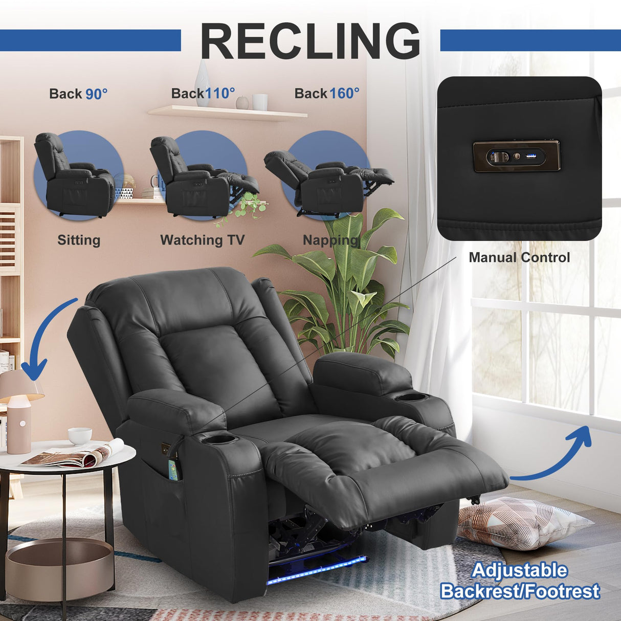 URRED Recliner Chair with Massage and Heat, Power Reclining Sofa Chair Home Theater Seating with LED Ambient Light, USB Ports, Cup Holders, Side Pockets, Faux Leather, Black URRED