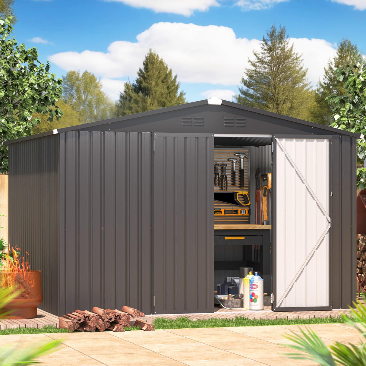 AECOJOY Shed 8' x 10' Outdoor Storage Metal Shed, Dark Grey Steel Yard Shed with Design of Lockable Doors, Utility and Tool Storage for Garden, Backyard, Patio, Outside use AECOJOY