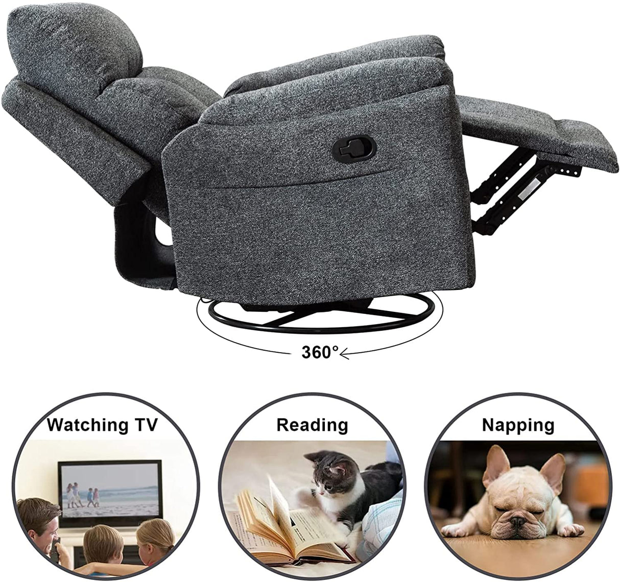 ANJ Swivel Rocker Recliner Chair, Manual Fabric Glider Nursery Recliner Chair, Single Rocking Modern Sofa Home Theater Seating for Living Room, Nursery (Dark Gray) ANJ