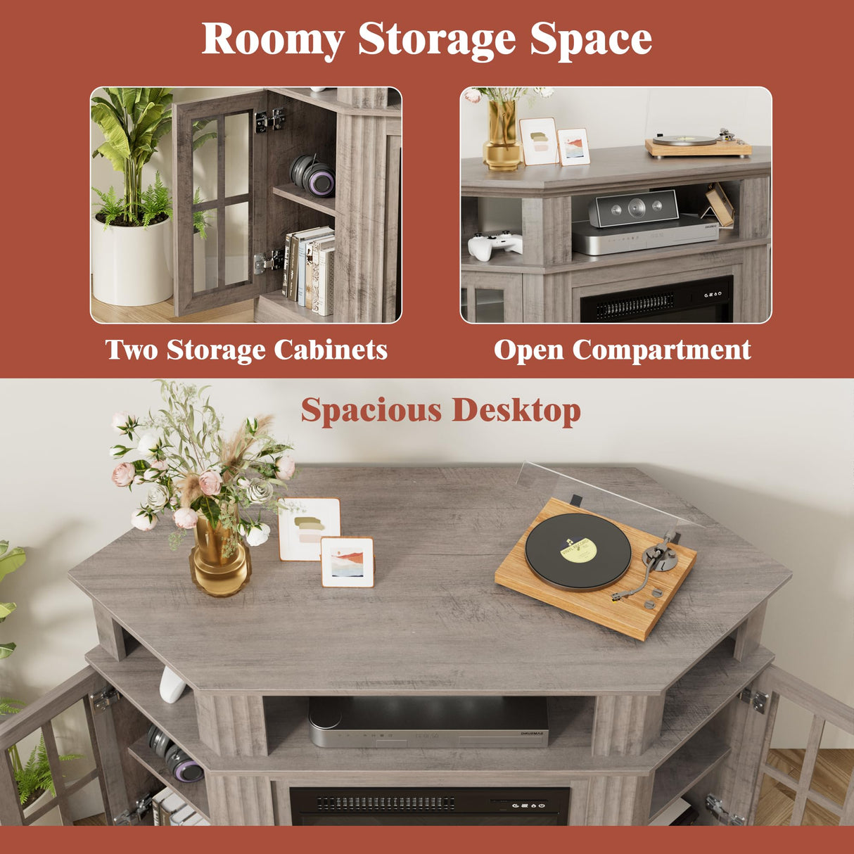 Furmax Fireplace Corner TV Stand for TV Up to 55 Inch, Modern TV Console with 18 Inch Electric Fireplace, Entertainment Center with Open Shelf and Storage Cabinets for Living Room, Rustic Oak Furmax