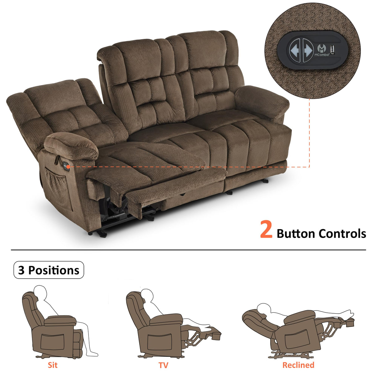MCombo Zero Gravity Power Recliner Sofa with Drop Down Table, Heat and Vibration Massage, 3 Seater Dual Reclining Couch with USB Ports, Cup Holders for Living Room, Fabric RS6236 (Dark Brown) MCombo