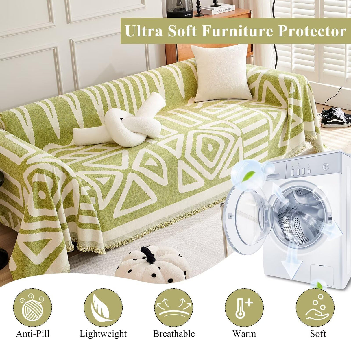 VClife Boho Couch Cover Non-slip Chenille Sectional Sofa Couch Cover for 2 Cushion Couch Sofa Modern Cream White Green Geometry Sofa Slipcover for Loveseat Washable Furniture Protector Cover 71"x 118" VClife