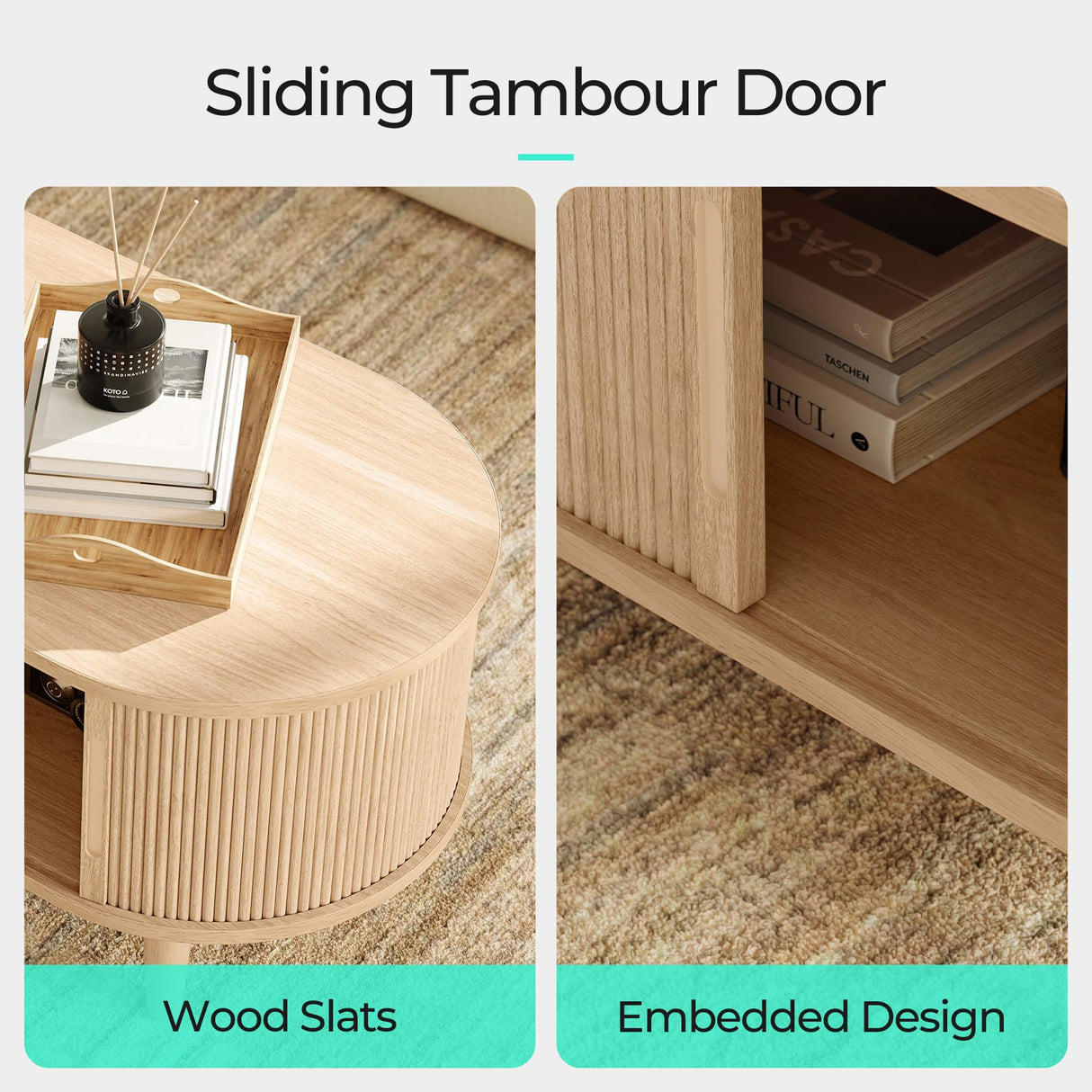 LINSY HOME Oval Coffee Table, Wood Coffee Table with Storage, Fluted Accent Center Table with Sliding Tambour Door, 39" Boho Coffee Tables for Living Room, Bedroom, Apartment, Oak