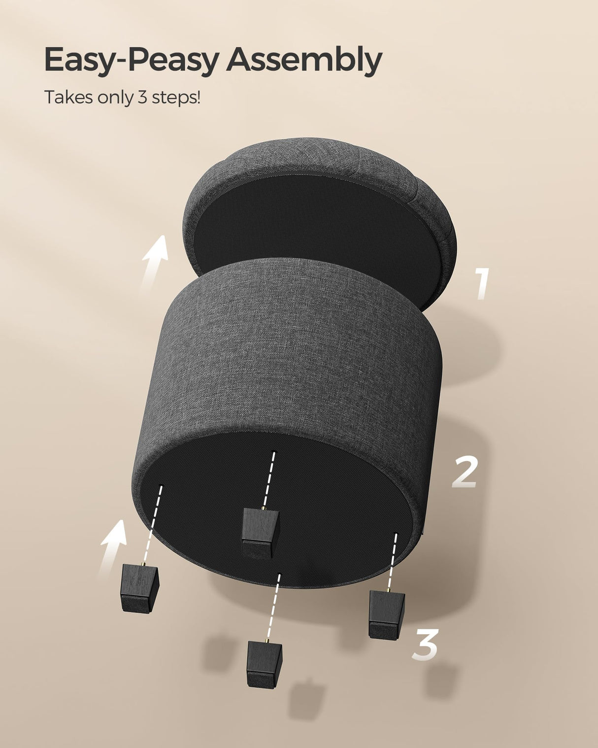 SONGMICS Round Ottoman, Ottoman with Storage, 17.7 Dia. x 17.5 H Inches Foot Rest with Legs, Load up to 330 lb, for Living Room, Bedroom, Dark Gray ULOM011G01 SONGMICS