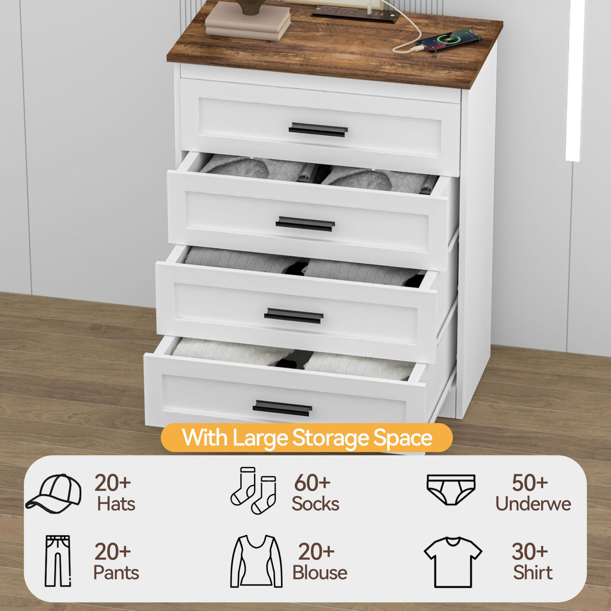 GEPELCN Farmhouse 4 Drawers Dresser for Bedroom Rustic Chest of Drawers with Natural Texture White Drawers Organizer for Living Room Hallway GEPELCN