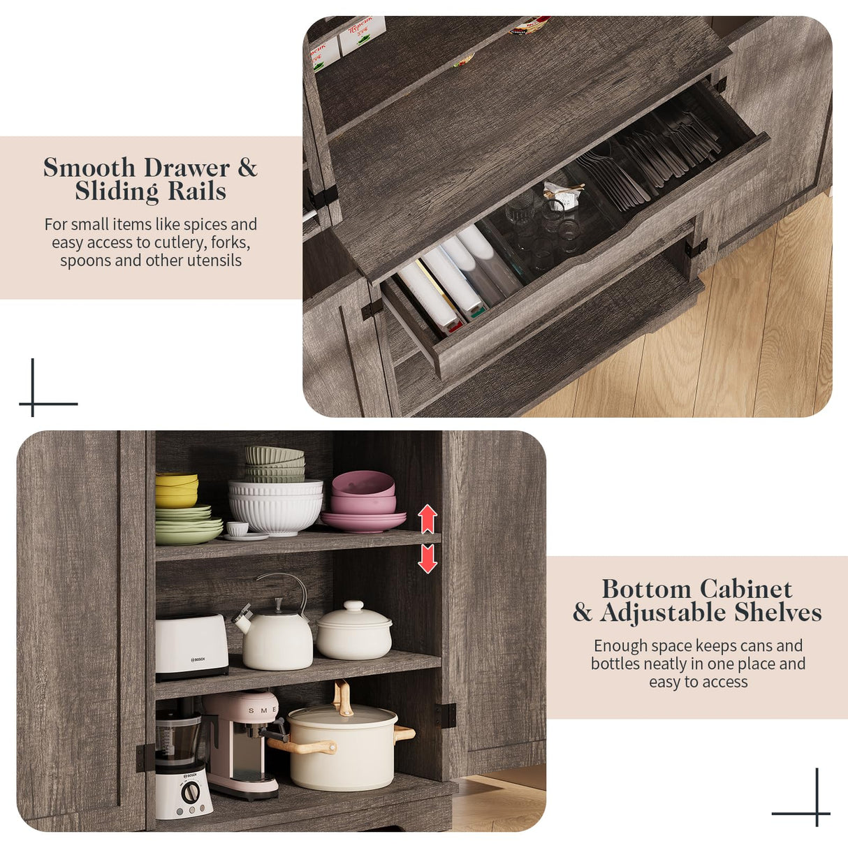 LUXOAK 72" Tall Farmhouse Kitchen Pantry with Rivet Barn Doors, Rustic Wood Cupboard Storage Cabinet/w Drawer & Adjustable Shelves for Dining Living Room, Bathroom & Hallway, Rustic Gray LUXOAK