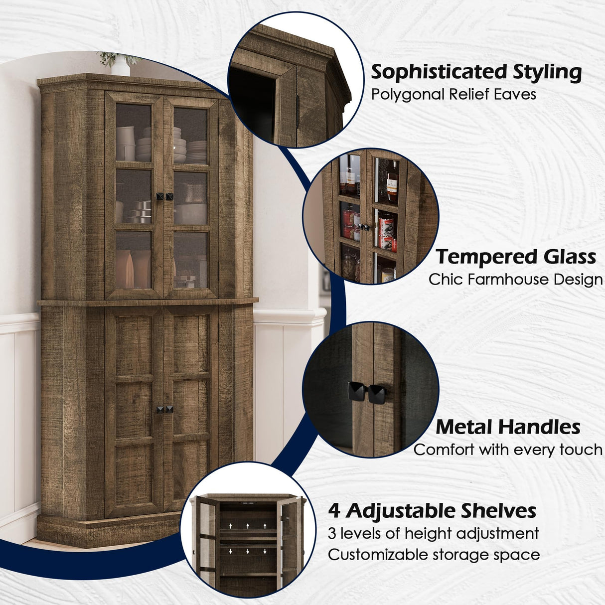 Betterhood Corner Storage Cabinet, 67" Kitchen Corner Cabinet with Glass Doors, Farmhouse Tall Corner Display Cabinet with Adjustable Shelves for Dining Room, Living Room, Rustic Brown Betterhood