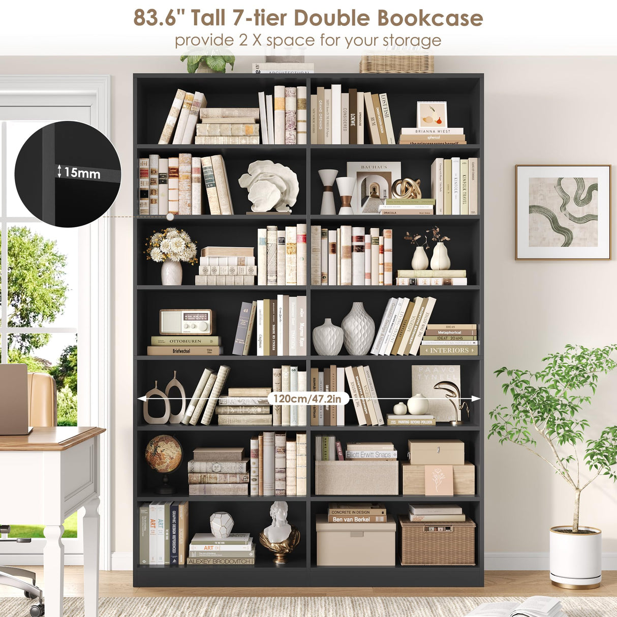 FACBOTALL 83.6" Tall Bookshelf and Bookcase, 7-Tier Extra Large Bookshelf with Double Storage, 14 Open Display Shelves for Home Office, Study and Living Room, Black FACBOTALL